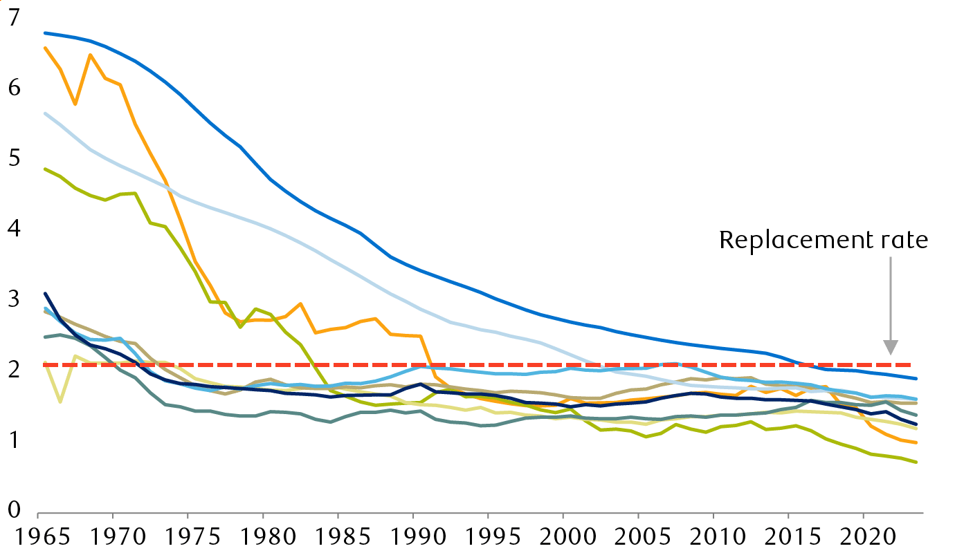 Fertility rates of select G20 countries (births per woman)