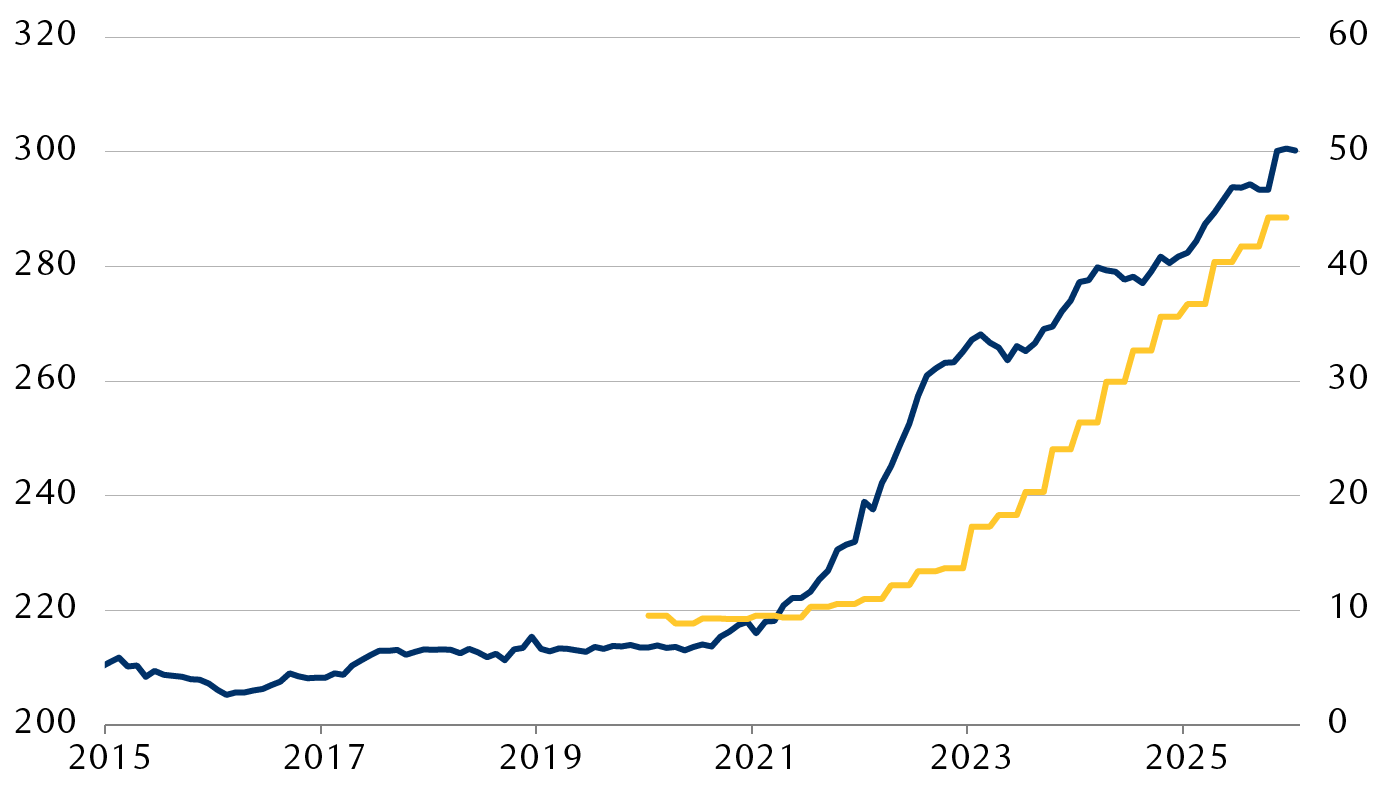 Electricity component of the U.S. Consumer Price Index and the amount of investment in U.S. data centers