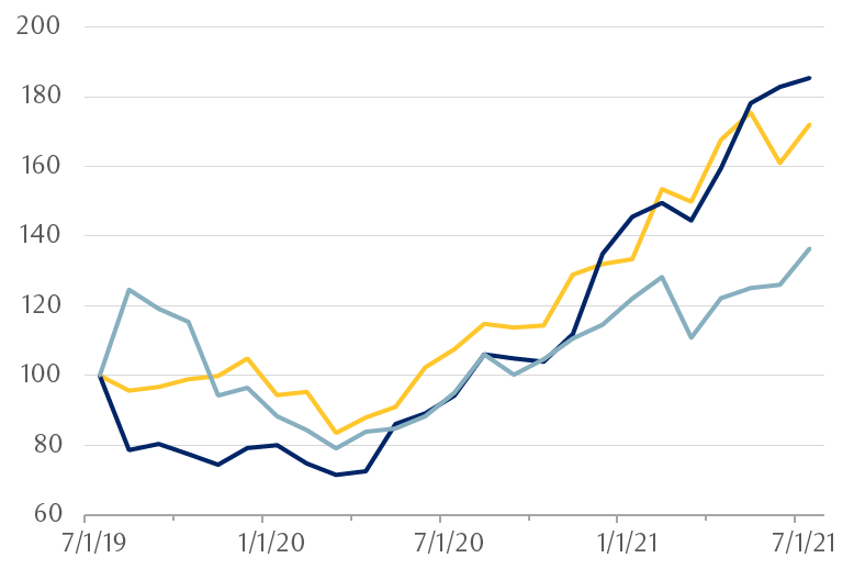 The line chart shows the monthly change in the prices of iron ore, copper, and nickel between July 31, 2019 and July 27, 2021.