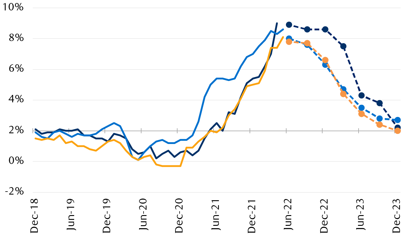 Monthly CPI and quarterly consensus forecasts