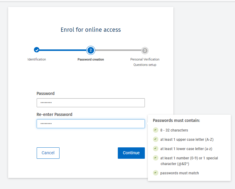 Screenshot of Wealth Management Online, when setting up a password