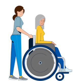 An illustration of a mother pushing her senior mother in a wheelchair