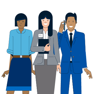 illustration of business woman holding a clipboard, a businessman on a call and a business woman with a bob standing with hands at her sides