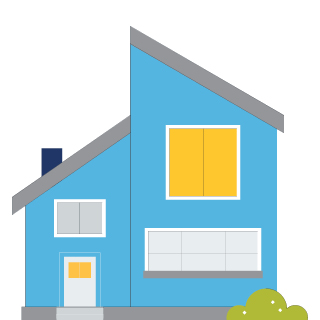 An illustration of a modern blue house with large windows