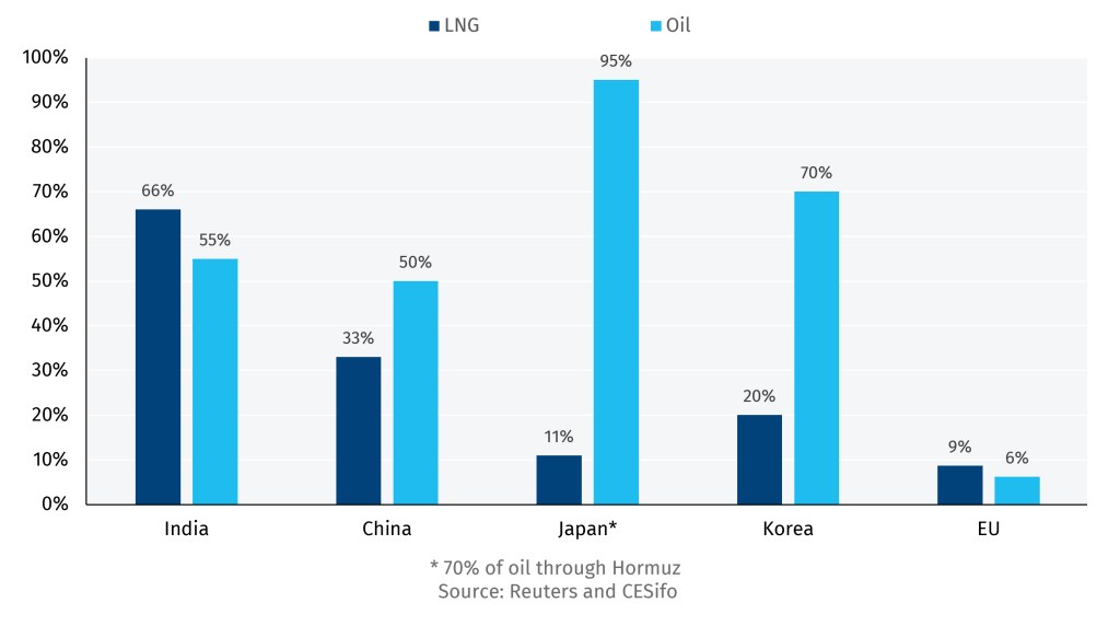 Percentage of total energy products passing through the Strait