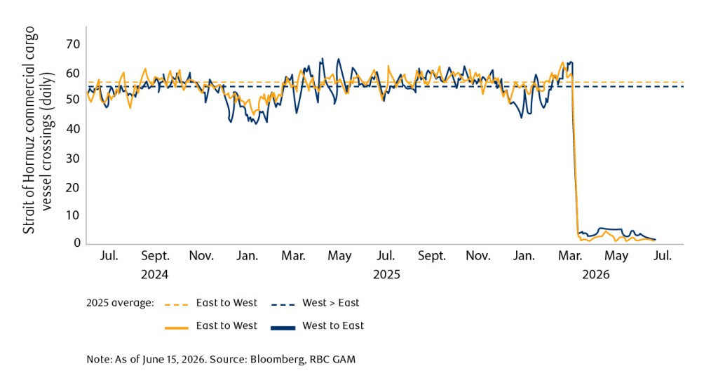 Graph chart showing daily vessel crossings in the Strait of Hormuz.