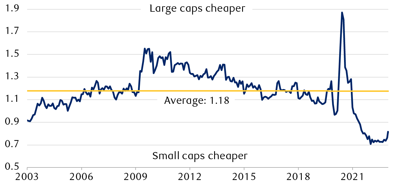 Ratio of S&P SmallCap 600 to S&P 500 price-to-earnings