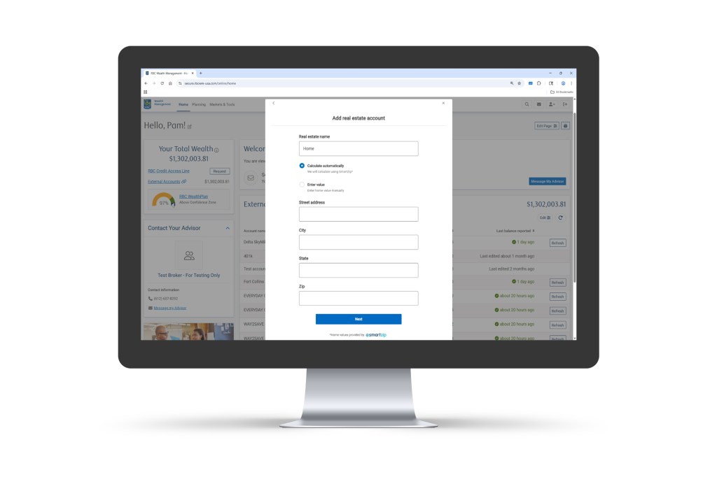 Take a tour screen of steps to add a real estate account