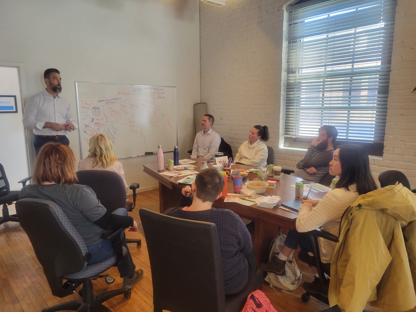 Photo of RBC Wealth Management's organizational change management team presenting to Foundation for Essential Needs in a boardroom.