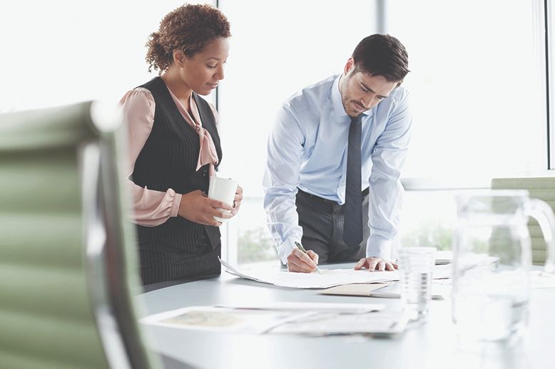 business man and woman brainstorming