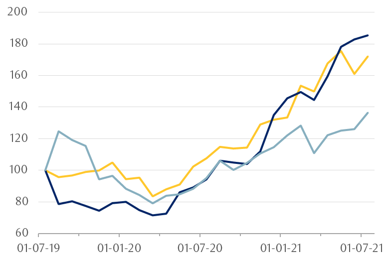 The line chart shows the monthly change in the prices of iron ore, copper, and nickel between July 31, 2019 and July 27, 2021.