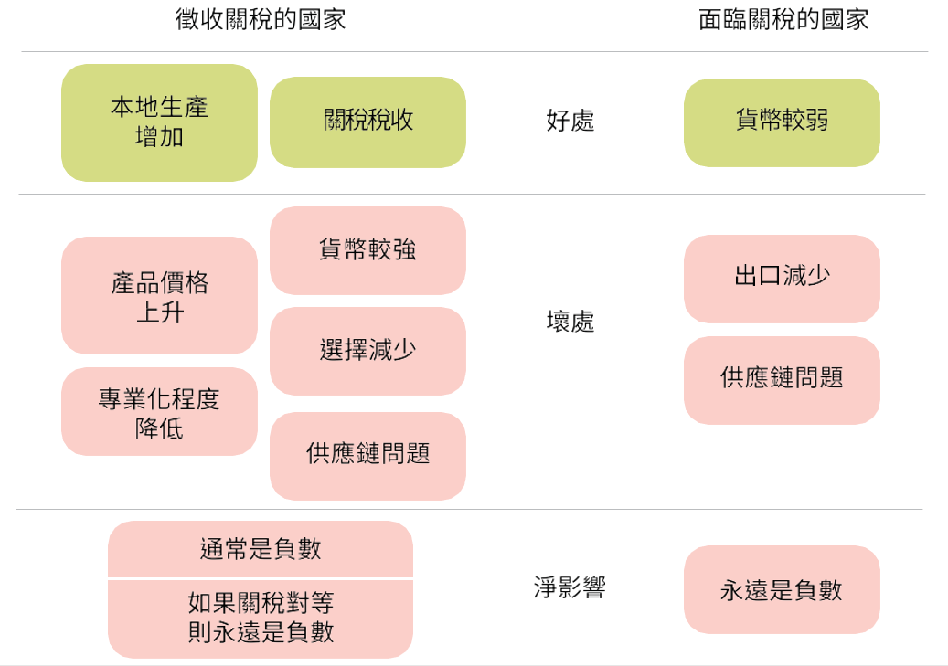 The graphic shows potential positive and negative effects of tariffs for a country that imposes a tariff.